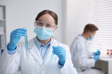 Photo of Medical analysis. Scientist working with samples in laboratory, selective focus