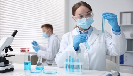 Photo of Medical analysis. Scientist working with samples in laboratory, selective focus