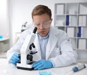 Photo of Medical analysis. Scientist working with microscope in laboratory