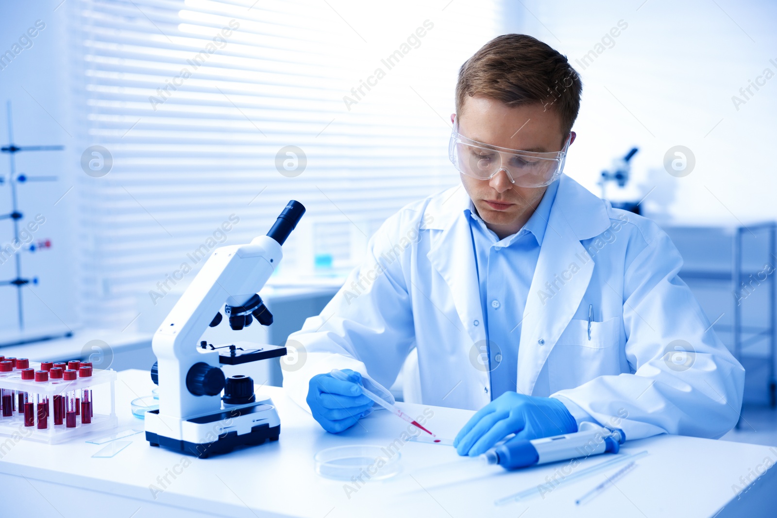 Medical analysis. Scientist working with blood sample in laboratory Photo of Medical analysis. Scientist working with blood sample in laboratory