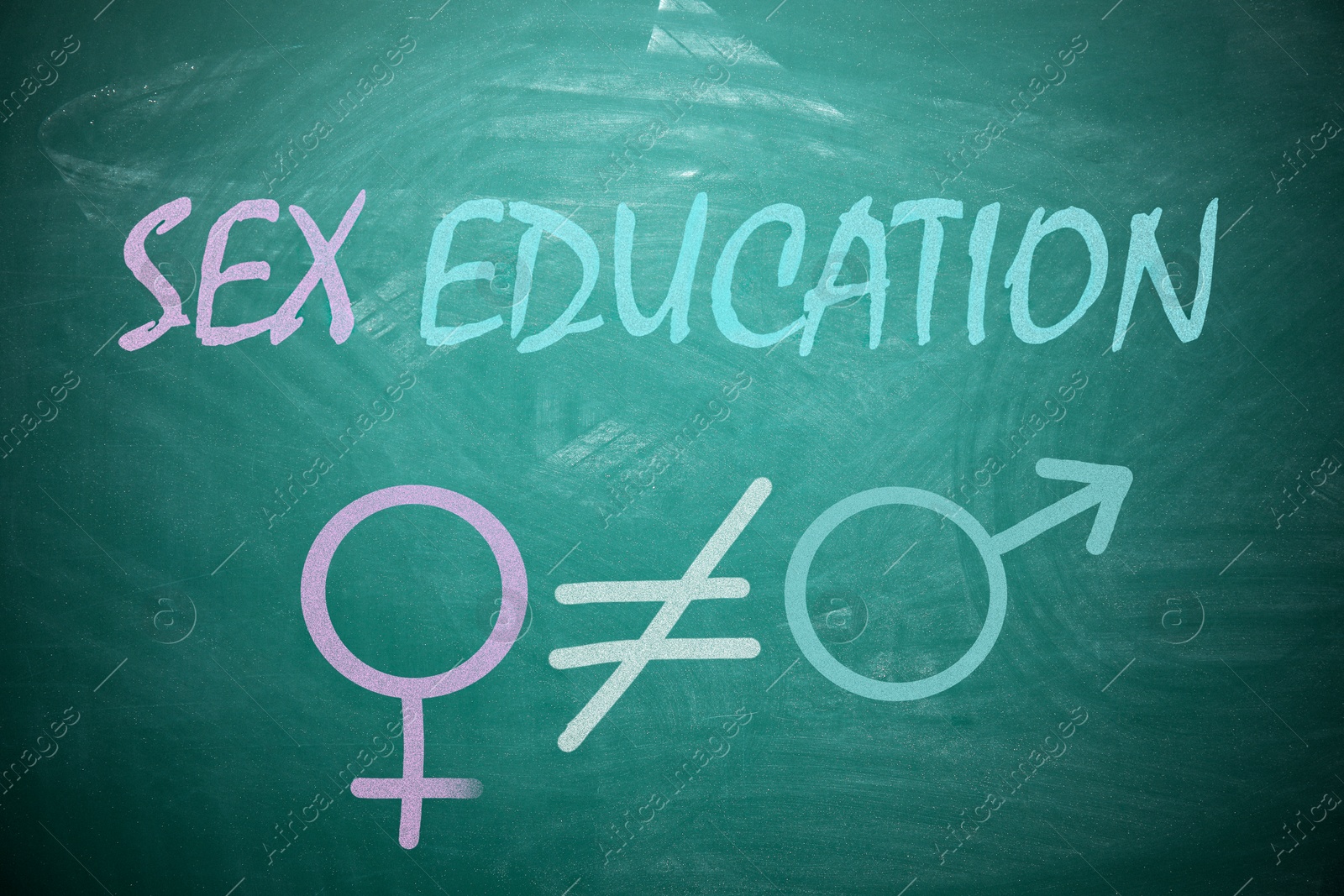 Sex Education inscription, female and male gender signs on green chalkboard Image of Sex Education inscription, female and male gender signs on green chalkboard