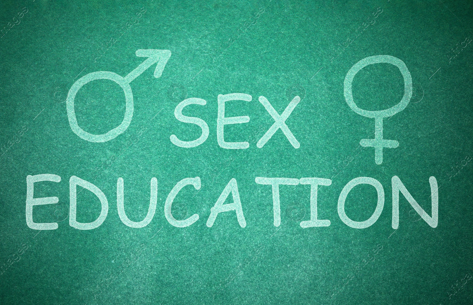 Sex Education inscription, female and male gender signs on green chalkboard Image of Sex Education inscription, female and male gender signs on green chalkboard