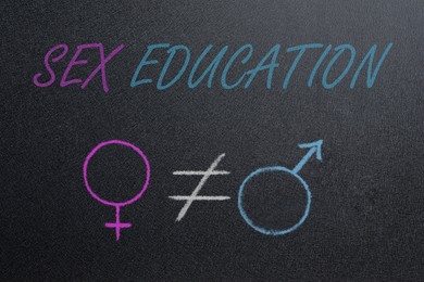 Image of Sex Education inscription, female and male gender signs on black chalkboard