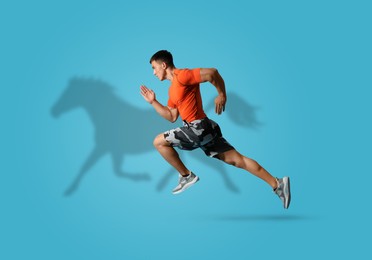 Image of Athletic young man running against light blue background with his shadow in form of horse. Sports poster