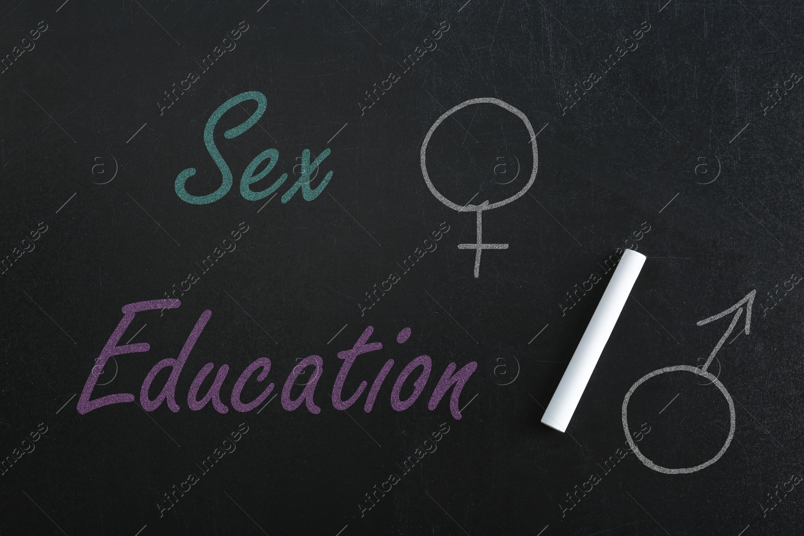 Sex Education inscription, female and male gender signs on black chalkboard Image of Sex Education inscription, female and male gender signs on black chalkboard