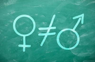 Image of Sex education. Crossed equals sign between female and male gender symbols on green chalkboard