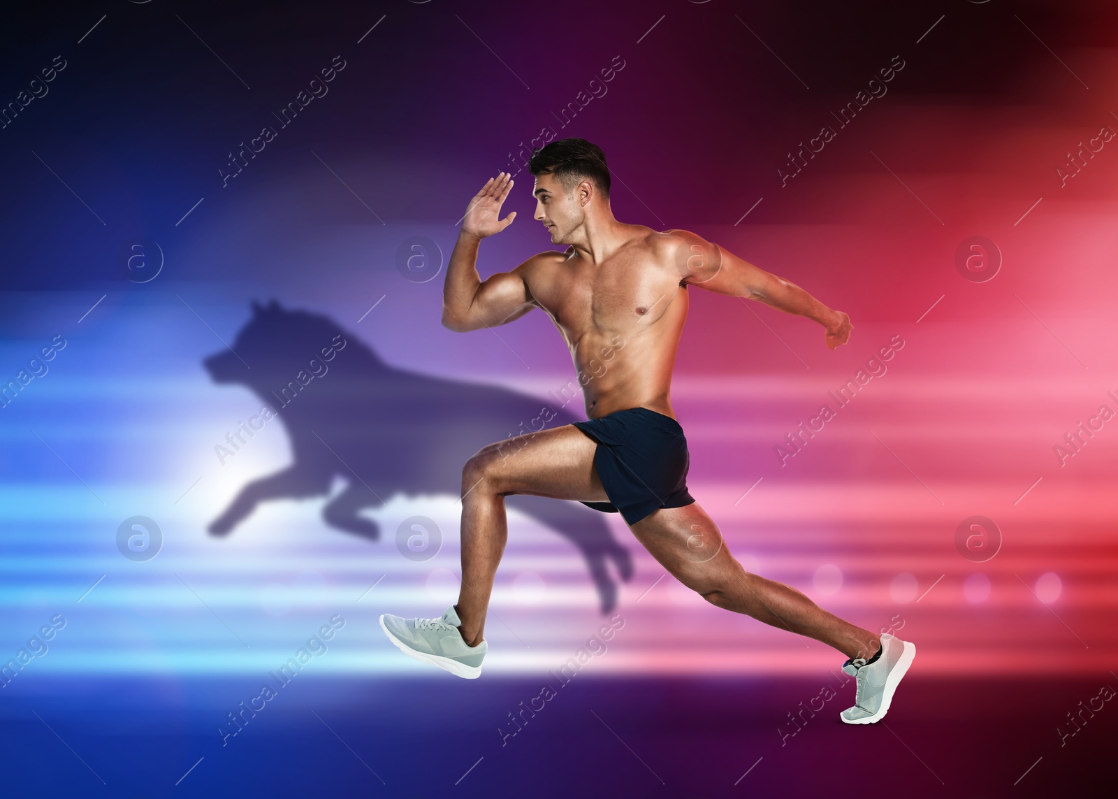 Image of Athletic man running against bright red blue background. His shadow in form of hound. Sports poster
