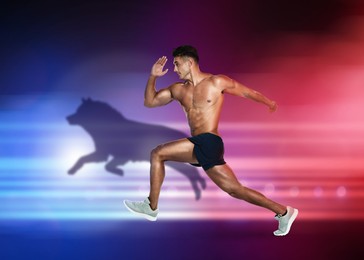 Image of Athletic man running against bright red blue background. His shadow in form of hound. Sports poster