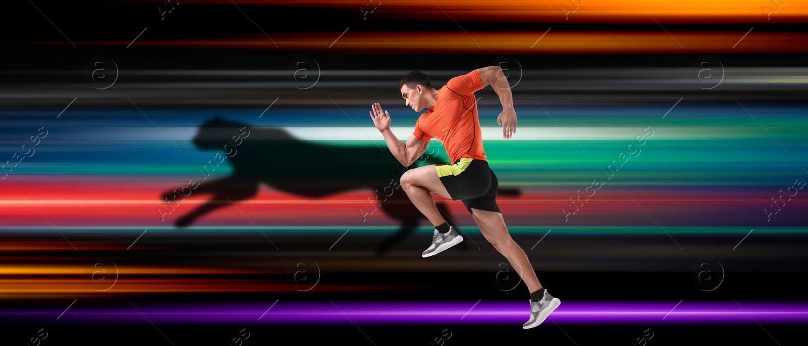 Athletic man competing with shadow in form of cheetah against bright background, motion blur effect. Sports poster, banner design Image of Athletic man competing with shadow in form of cheetah against bright background, motion blur effect. Sports poster, banner design