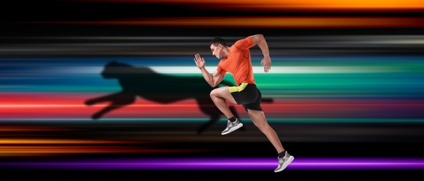 Image of Athletic man competing with shadow in form of cheetah against bright background, motion blur effect. Sports poster, banner design