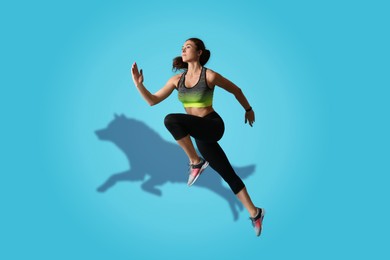 Image of Athletic young woman running. Her shadow in form of hound on light blue background. Sports poster