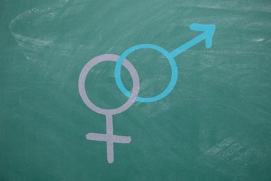Image of Sex education. Female and male gender signs on green chalkboard