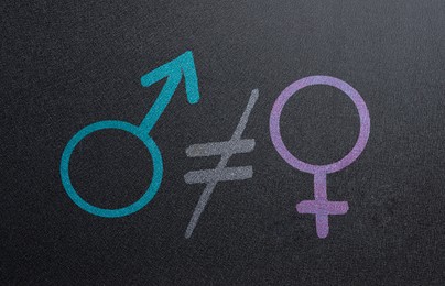 Image of Sex education. Crossed equals sign between female and male gender symbols on green chalkboard