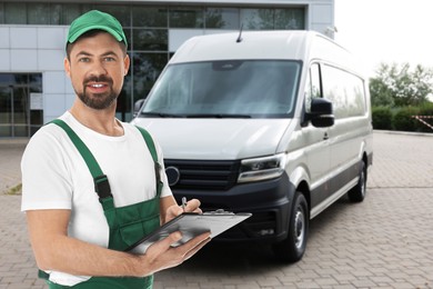 Image of Car service worker with clipboard and vehicle outdoors
