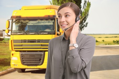 Image of Car service worker with headset against truck outdoors. Client support