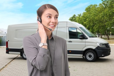 Image of Car service worker with headset against vehicle outdoors. Client support