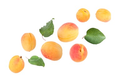 Image of Fresh juicy apricots flying against white background