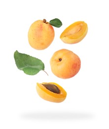 Image of Fresh juicy apricots falling against white background