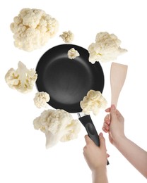 Image of Woman tossing cauliflower while frying it in wok against white background, closeup