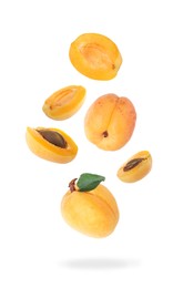 Image of Fresh juicy apricots falling against white background