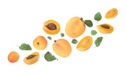 Image of Fresh juicy apricots flying against white background