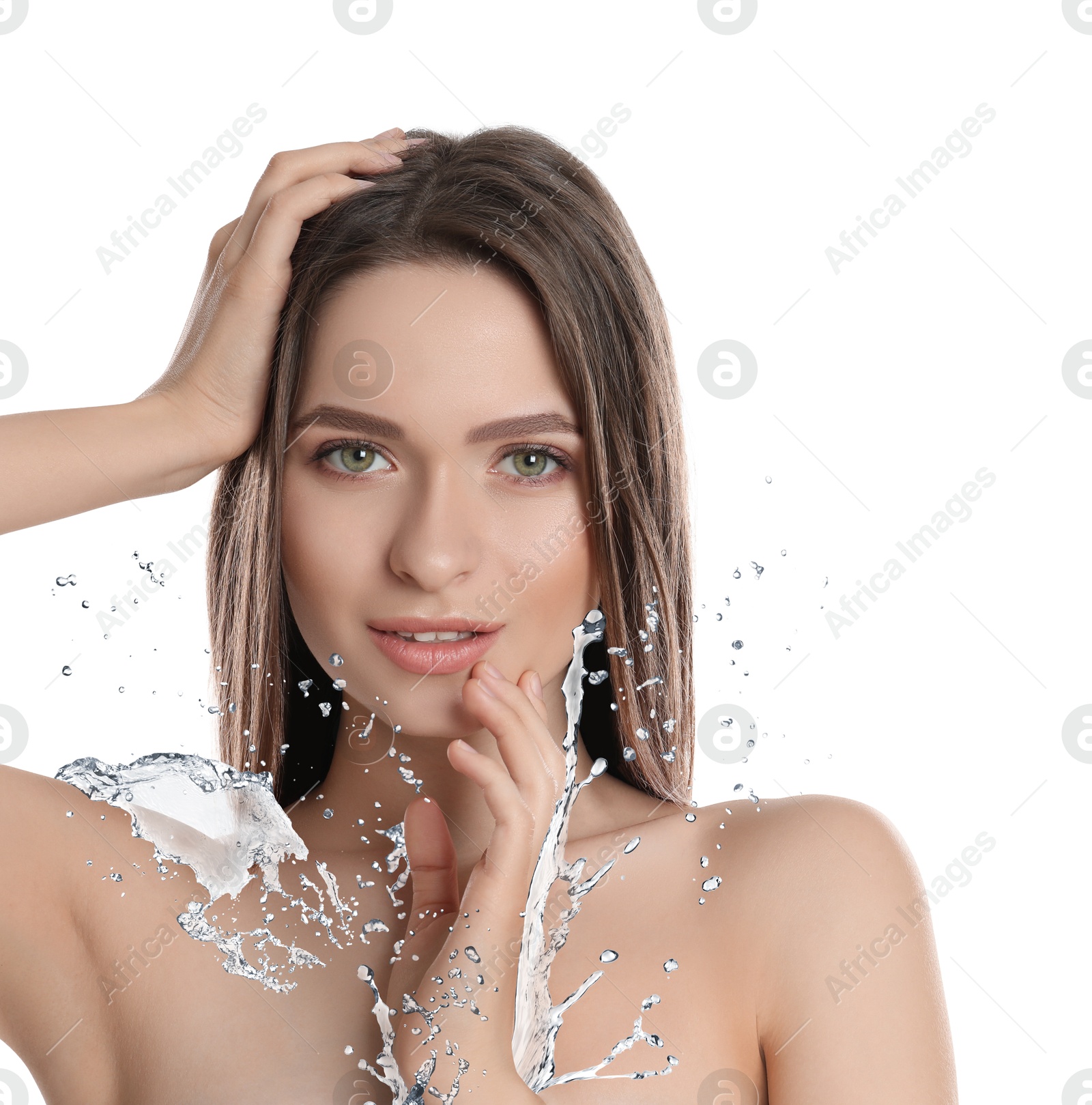 Woman with smooth skin and water splash against white background Image of Woman with smooth skin and water splash against white background