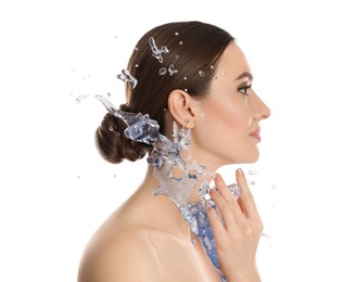 Image of Woman with smooth skin and water splash against white background