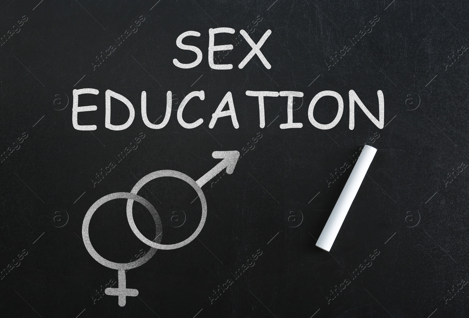 Sex Education inscription, female and male gender signs on black chalkboard Image of Sex Education inscription, female and male gender signs on black chalkboard