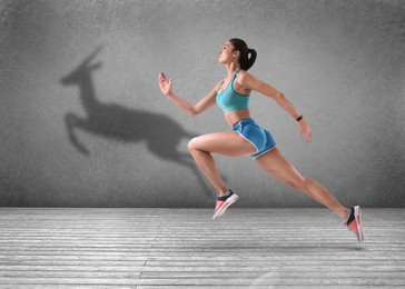 Image of Athletic young woman running. Her shadow in form of roe deer on brick wall. Sports poster
