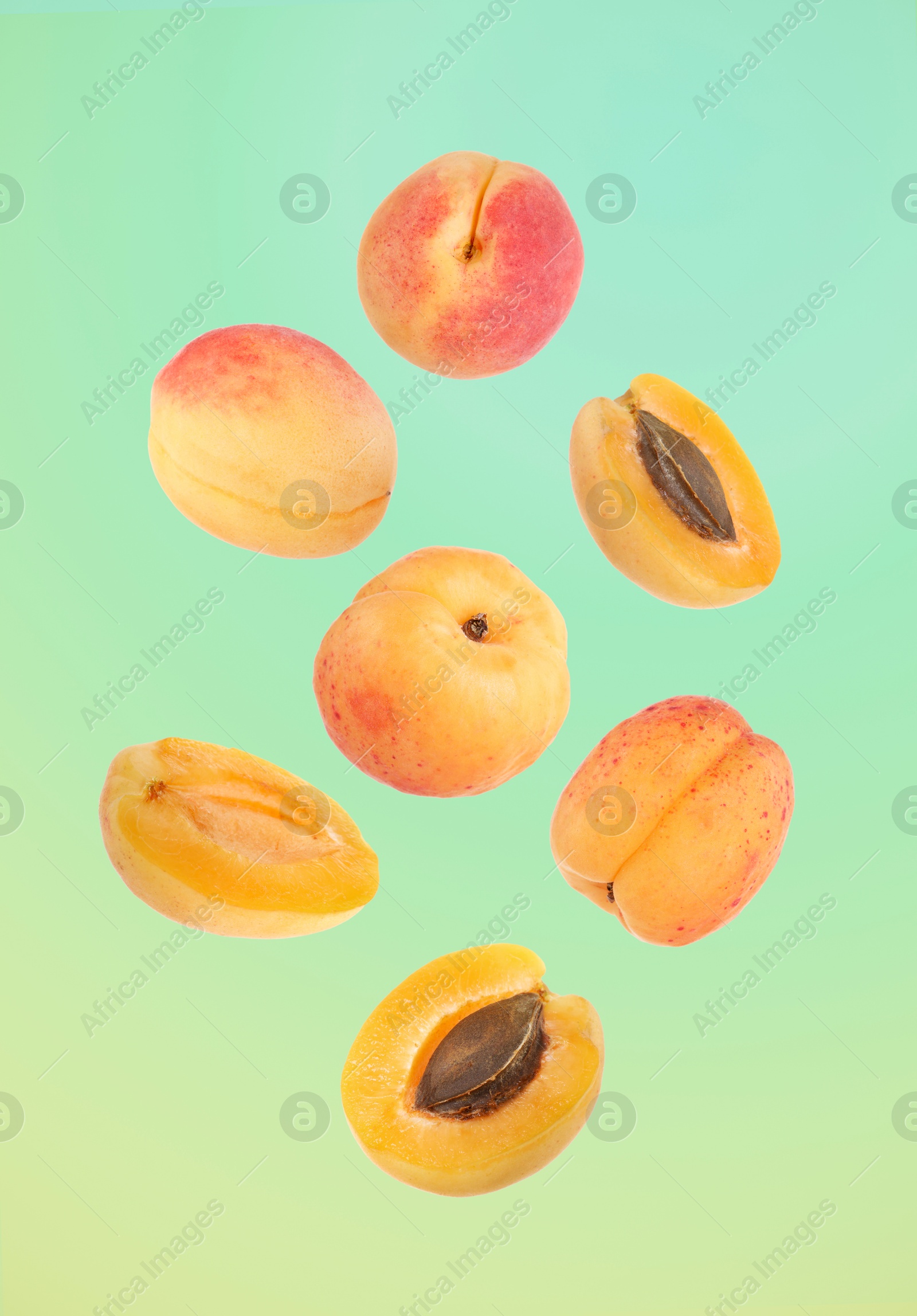 Image of Fresh juicy apricots in air against color gradient background