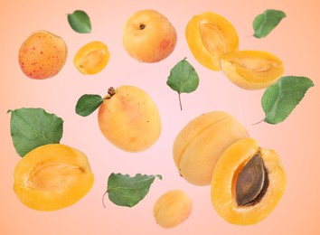 Image of Fresh juicy apricots swirling in air against pink gradient background