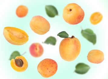 Image of Fresh juicy apricots swirling in air against color gradient background