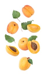 Image of Fresh juicy apricots falling against white background
