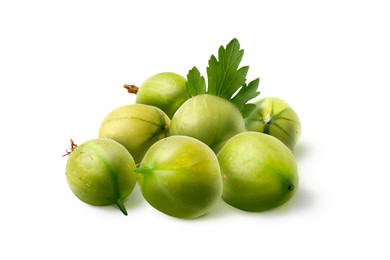Image of Fresh green gooseberries isolated on white. Summer berry