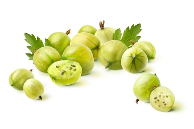 Image of Fresh green gooseberries isolated on white. Summer berry