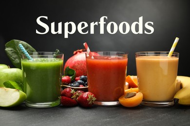 Image of Superfoods. Healthy smoothies in glasses and ingredients on table