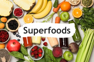 Image of Superfoods. Healthy smoothies in glass bottles and ingredients on table, top view