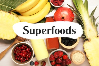 Image of Superfoods. Healthy smoothies in glass bottles and ingredients on table, top view