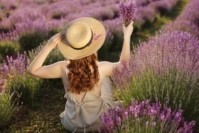 Photo of Woman with beautiful lavender flowers in field, back view