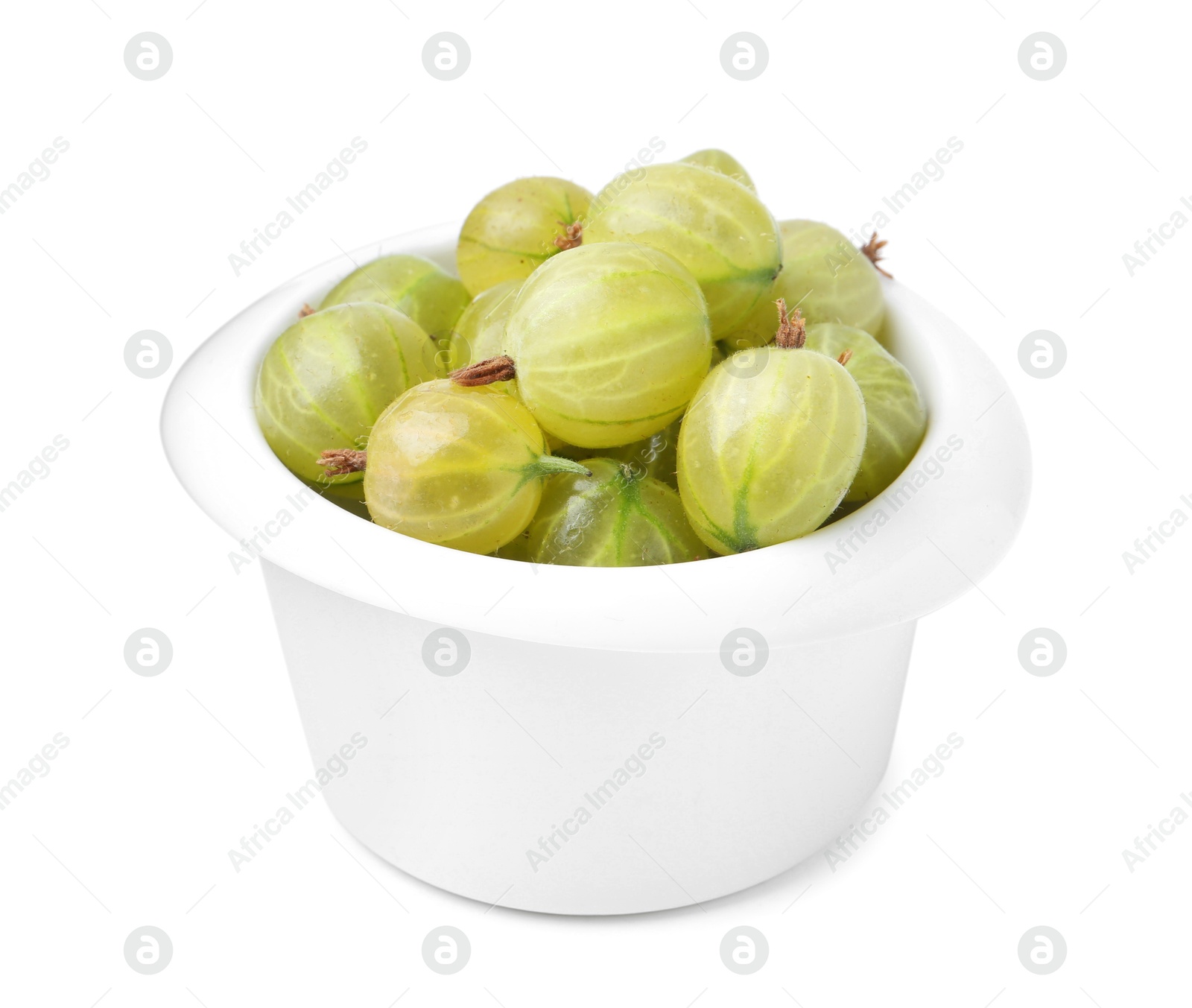 Fresh green gooseberries in bowl isolated on white Photo of Fresh green gooseberries in bowl isolated on white
