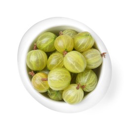 Photo of Fresh green gooseberries in bowl isolated on white, top view