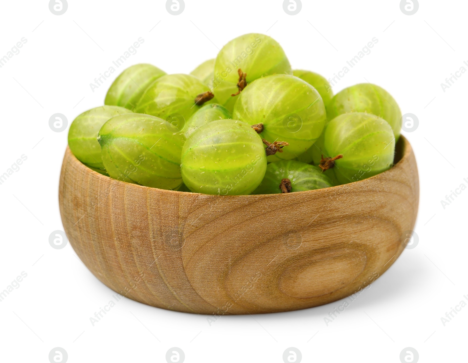 Fresh green gooseberries in bowl isolated on white Photo of Fresh green gooseberries in bowl isolated on white