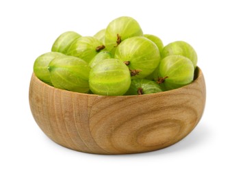 Photo of Fresh green gooseberries in bowl isolated on white