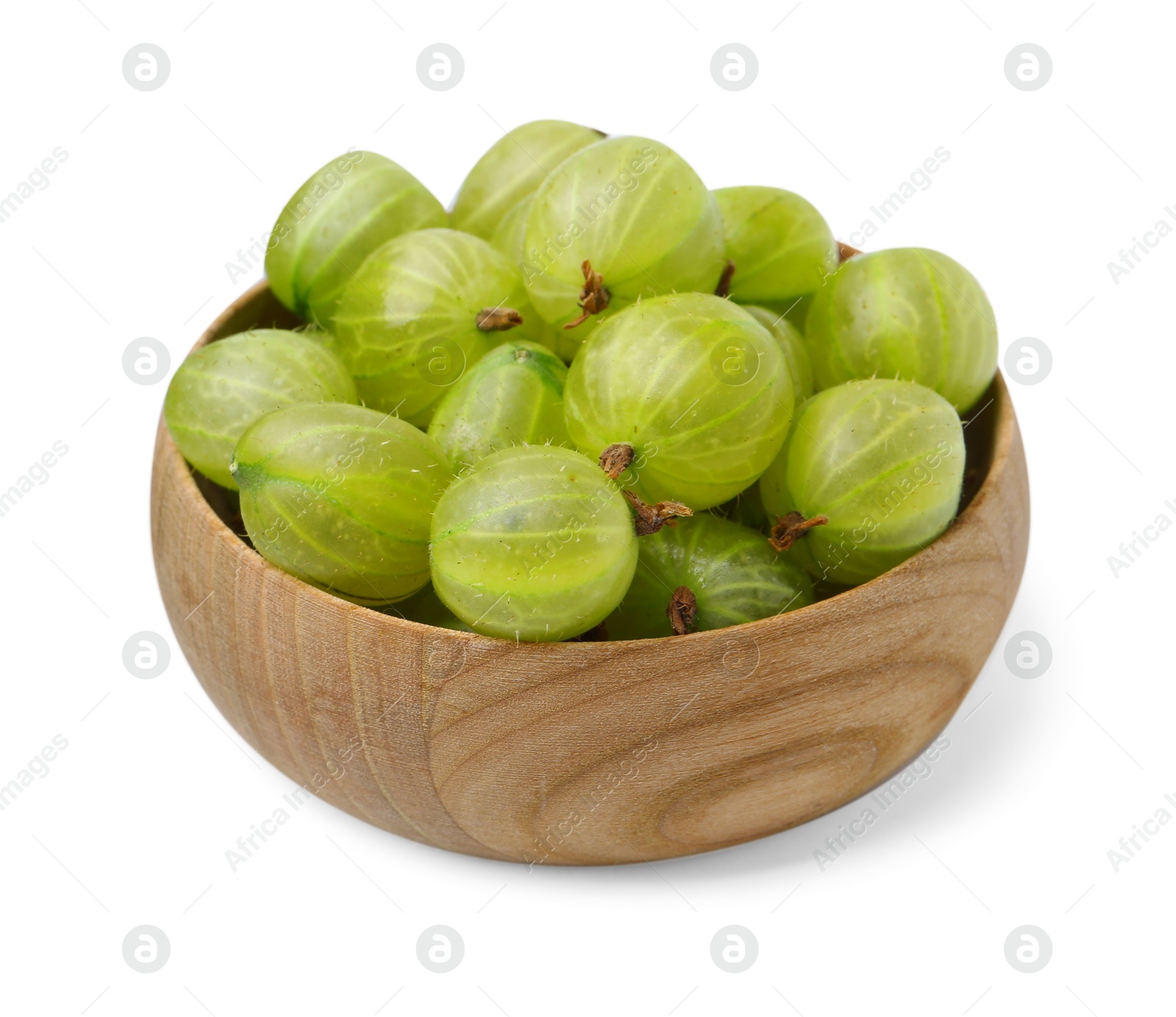Fresh green gooseberries in bowl isolated on white Photo of Fresh green gooseberries in bowl isolated on white