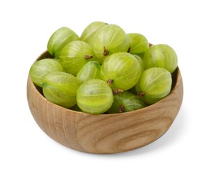 Photo of Fresh green gooseberries in bowl isolated on white