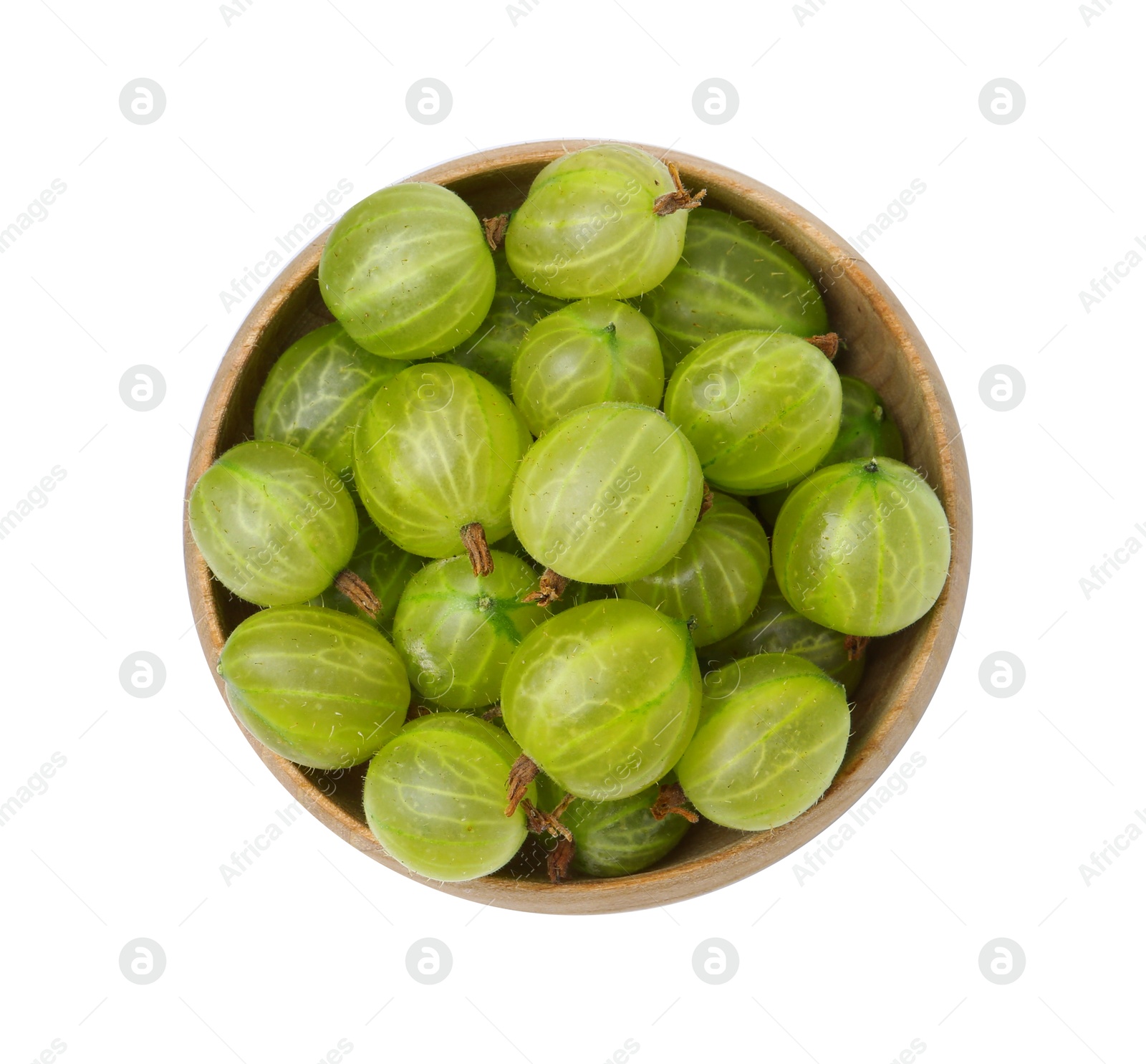 Fresh green gooseberries in bowl isolated on white, top view Photo of Fresh green gooseberries in bowl isolated on white, top view