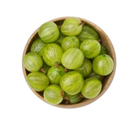 Photo of Fresh green gooseberries in bowl isolated on white, top view