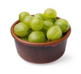 Photo of Fresh green gooseberries in bowl isolated on white