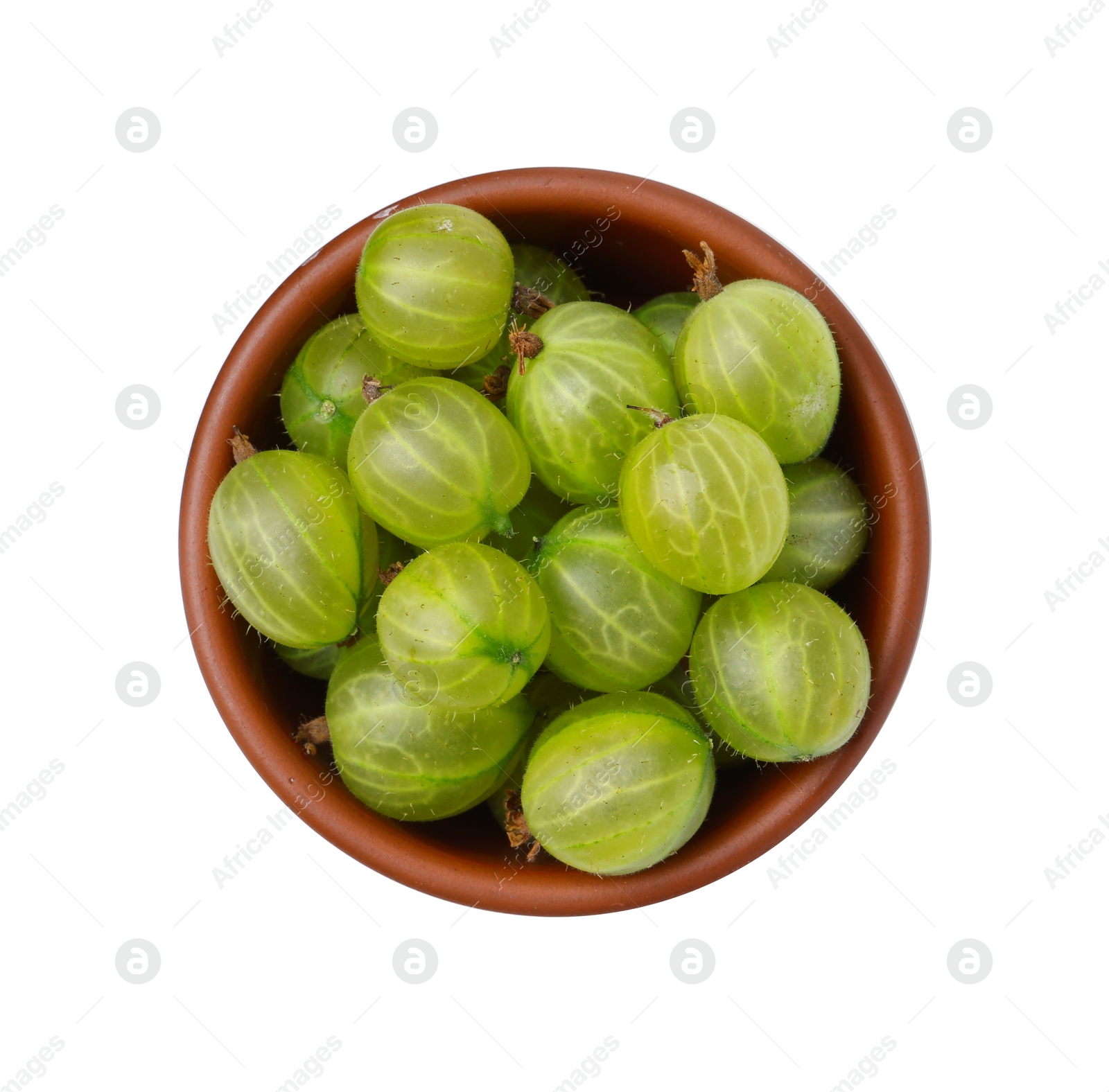 Fresh green gooseberries in bowl isolated on white, top view Photo of Fresh green gooseberries in bowl isolated on white, top view