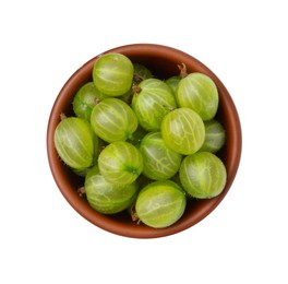 Photo of Fresh green gooseberries in bowl isolated on white, top view